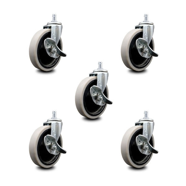 5 Inch Thermoplastic Wheel 7/8 Inch Grip Ring Stem Caster with Brakes, 5PK